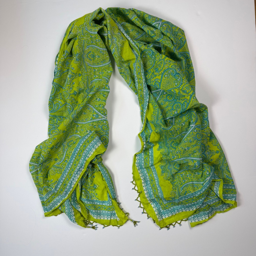 Graham Kandiah Beaded Boho Eclectic Women Scarf Lime Green Paisley 100% Cotton